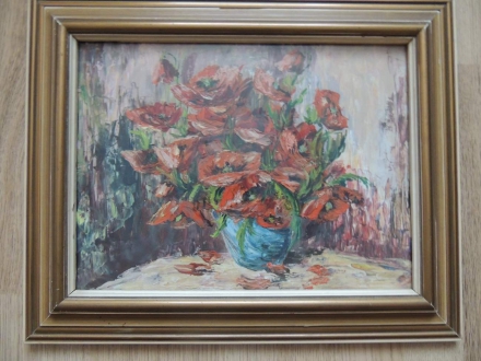Obraz olej váza v ní červené květy vlčích máků olej.Viz foto